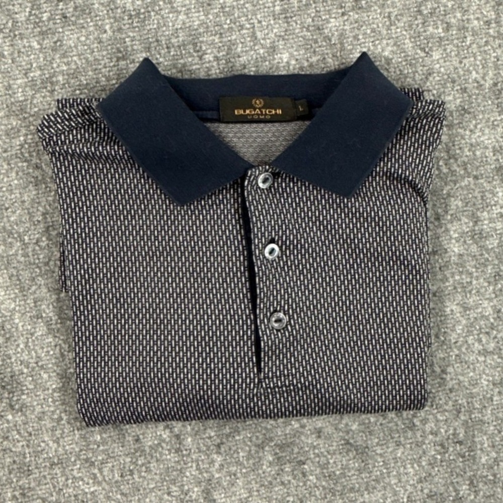 Bugatchi Uomo Polo Shirt Mens L Navy Mercerized Cotton Geometric Short Sleeve